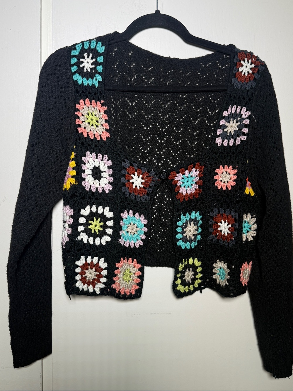 SHEIN OXL Black Crochet Cardigan with Multicolor Granny Squares GrannyCore